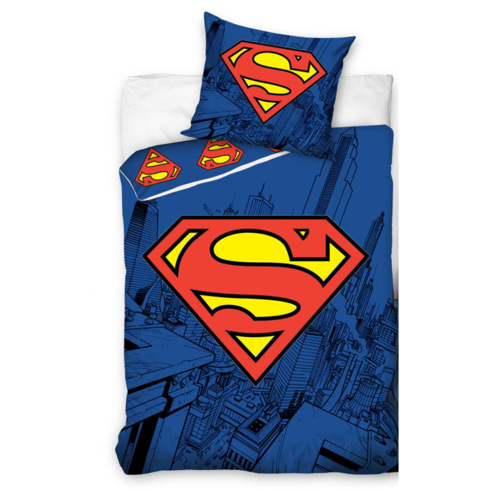 Laste voodipesu komplekt "Superman". Laste voodipesu, 140x200 cm. Tumesinine laste voodipesu linnamustriga ja silmapaistva supermani sümboliga.