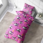Laste voodipesu komplekt "Panda Pink". Laste voodipesu, 140x200 cm. Võluv heleroosa voodipesu, millel on rulluisutavad pandad, roosad tähed ja kollased välgud.